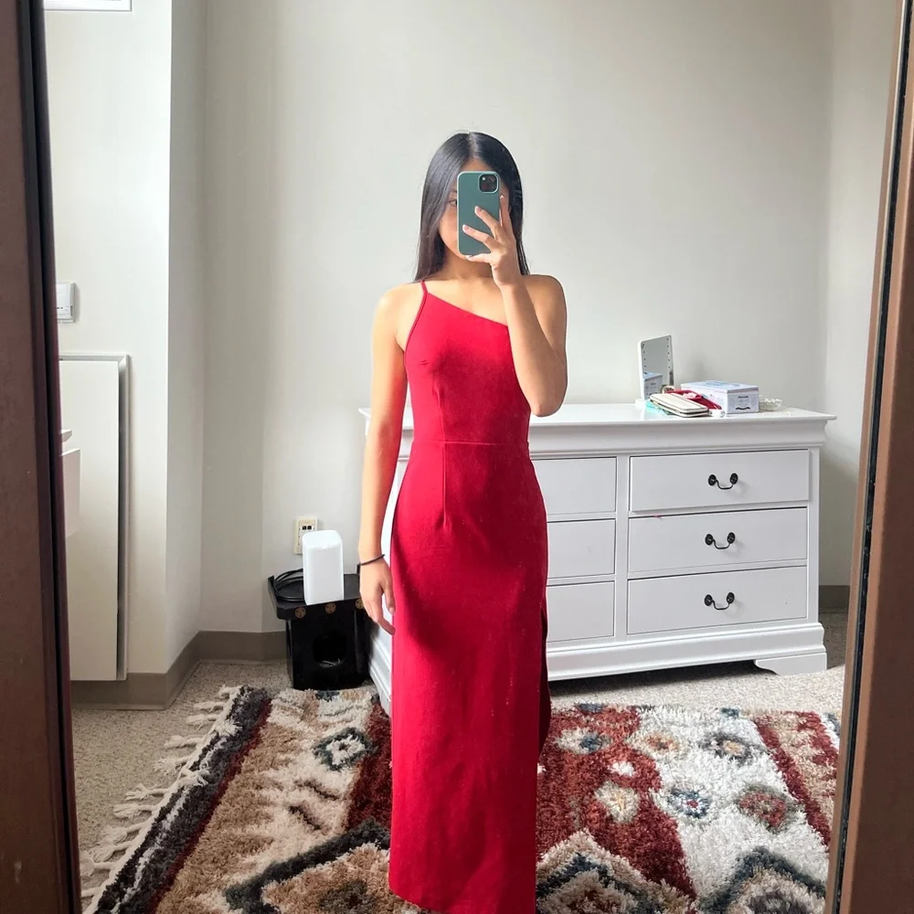 Red Abercrombie & Fitch Asymmetrical One-Shoulder Maxi Dress